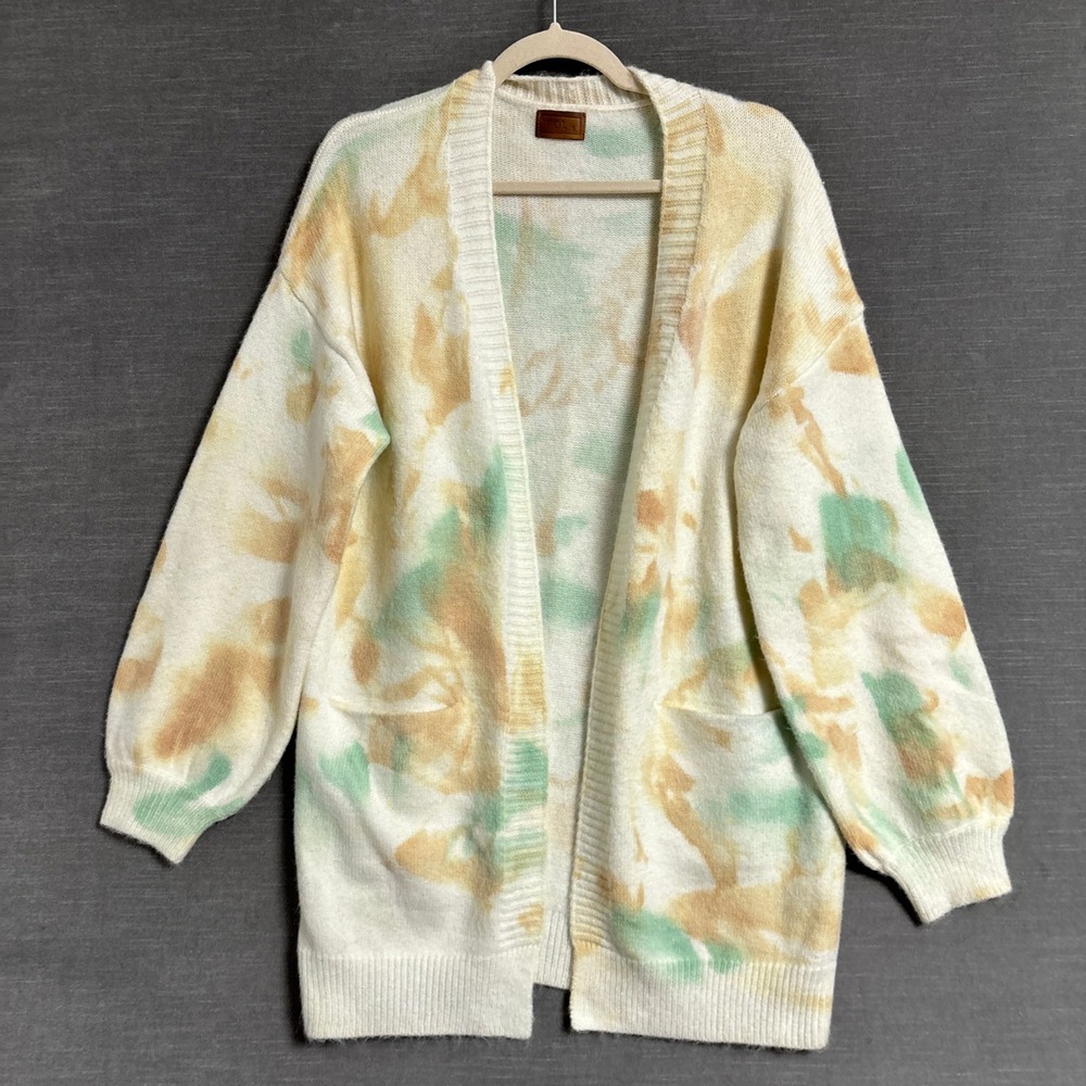 Pol Cardigan S Oversized Green Yellow Open Watercolor Front Knit Sweater Boho